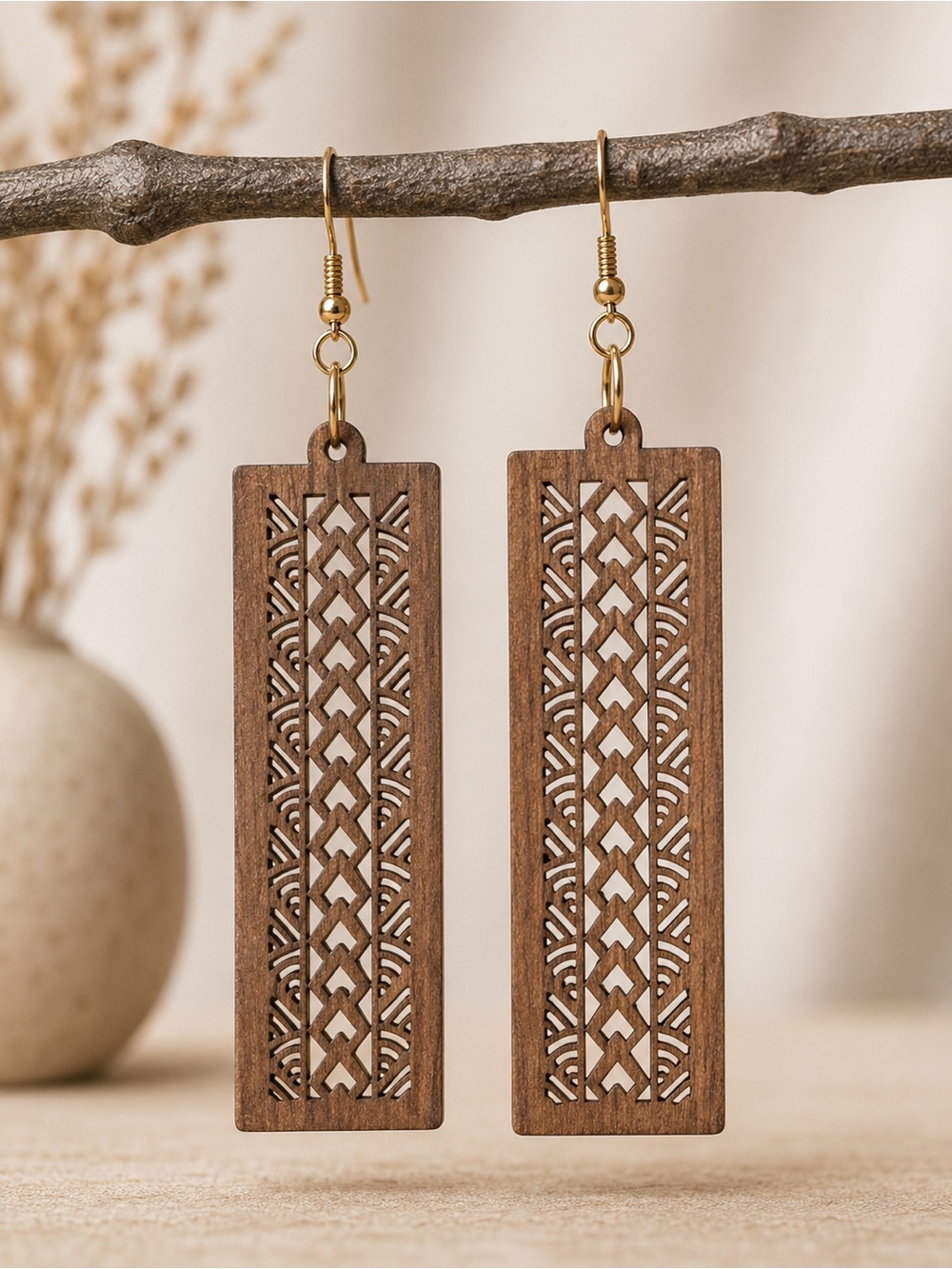 Wooden Filigree Rectangular Drop Earrings - Brown